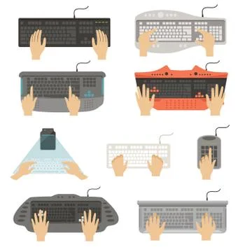 Hands typing on keyboard set, different types of computer console top view Stock Illustration