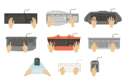 Hands typing on keyboard set, different types of computer console top view Stock Illustration