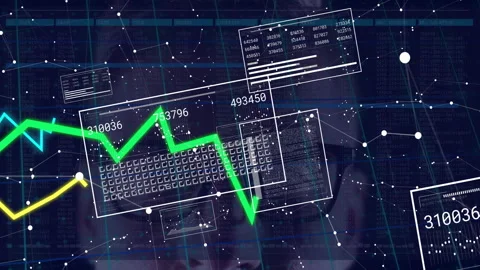 Hands typing on keyboard showing floating code panels and green trend line on Stock Footage 309112152