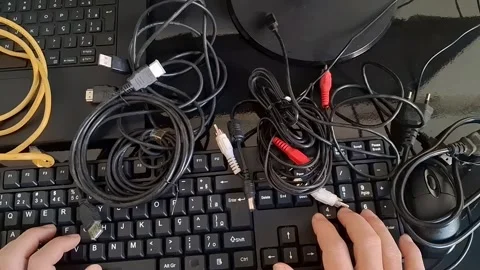 Hands typing on keyboard surrounded by tangled computer cables and accessories Stock Footage 340241303
