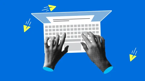 Hands typing on a keyboard. Top view. Remote work. Sending emails Stock Footage 332046471