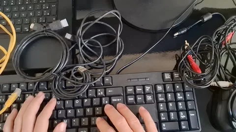 Hands typing on a keyboard with various computer cables nearby Stock Footage 340241302