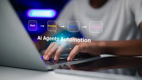 ?Hands typing on laptop with AI Agents Automation process icons. Businessma.. Stock Photos