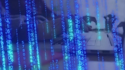 Hands typing on laptop and starting animated blue digit code, visualizing tech Stock Footage 334703643