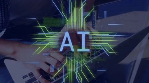 Hands typing on laptop causing AI label fading, circuits pulsing, code Stock Footage 334768400