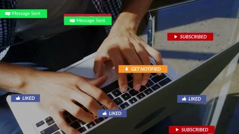Hands typing on laptop causing notifications cascading, stacking, fading, Stock Footage 333925356