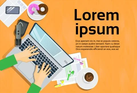 Hands Typing On Laptop Computer, Top View On Desk Smart Phone And Notes On Paper Stock Illustration