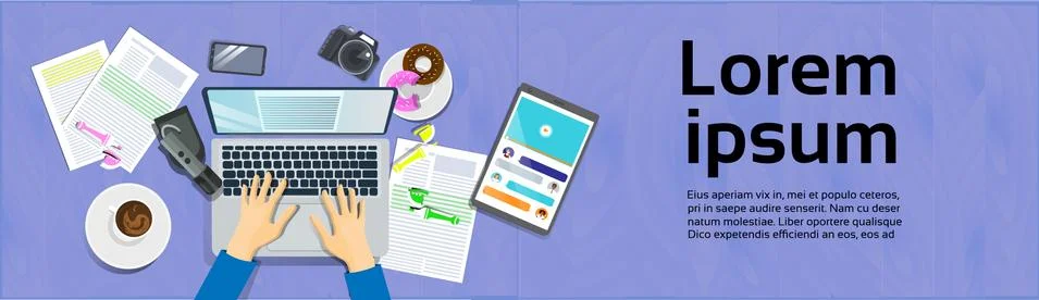 Hands Typing On Laptop Computer, Top View On Desk With Digital Tablet And Smart Stock Illustration