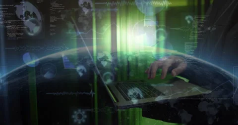 Hands typing on laptop with digital data and technology animation overlay Stock-Footage 303869786