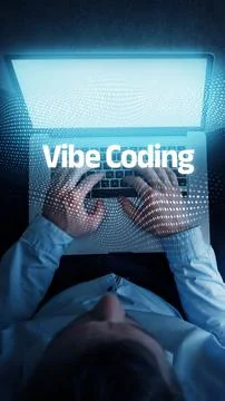 Hands typing on a laptop with digital effects and text that reads vibe coding Stock Photos
