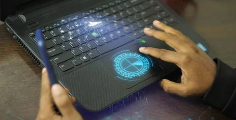 Hands typing on a laptop with a digital security icon holographically proje.. Stock Illustration