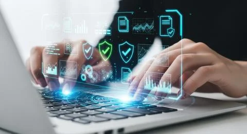 Hands typing on laptop with digital security icons and data streams symboli.. Stock Illustration