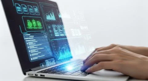 Hands typing on laptop displaying complex data charts and code on screen fo.. Stock Illustration