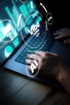Hands typing on laptop with focus on coding and artificial intelligence Photos