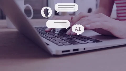 Hands typing on laptop, generating stacking chat bubbles by right-hand AI cloud Stock Footage 334728850