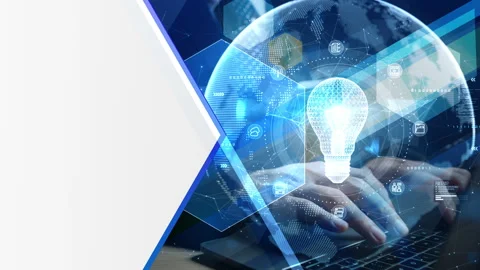 Hands typing on laptop with a glowing light bulb and global digital network. 库存影片 330983227