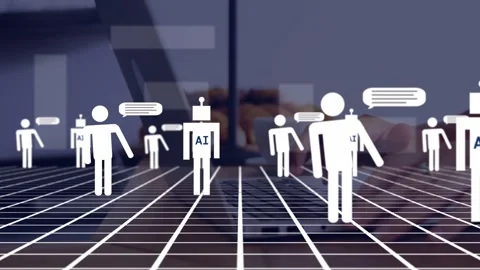Hands typing on laptop grid, user icons walking and AI robots joining, bubbles Stock Footage 334729011