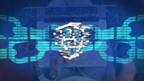 Hands typing on laptop initiating code streams merging into shield padlock, Stock Footage 335731885