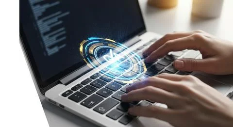 Hands typing on laptop keyboard with glowing digital padlock symbol represe.. 스톡 일러스트