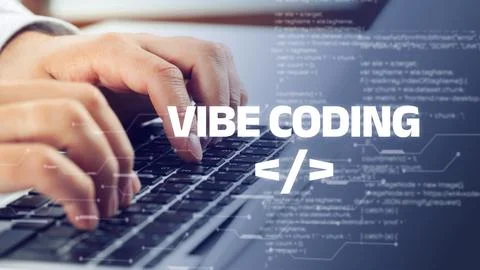 Hands typing on a laptop keyboard while coding with the text Vibe Coding Stock Photos