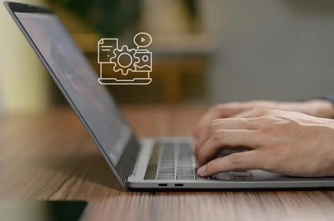 Hands Typing on Laptop with Management System Concept Illustration Stock Photos