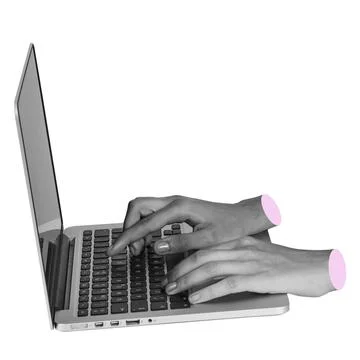 Hands typing on a laptop with a plain white background and arms visible on .. Stock Photos