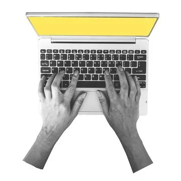 Hands typing on a laptop with a plain yellow screen on a white background Stock Photos