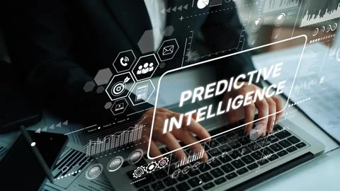 Hands Typing on Laptop with Predictive Intelligence Graphics and Data Analysis Stock Footage 310332923