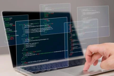 Hands typing on laptop with programming code on screen, representing softwa.. Foto stock