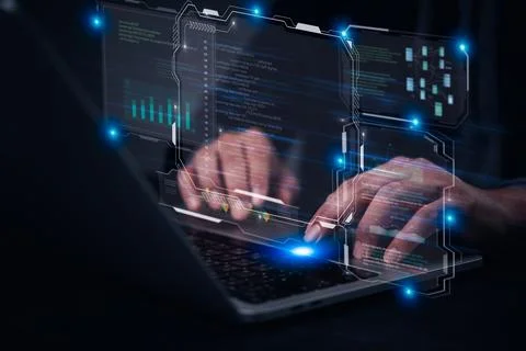 Hands typing on laptop with programming code on screen, software developmen.. Stock Photos
