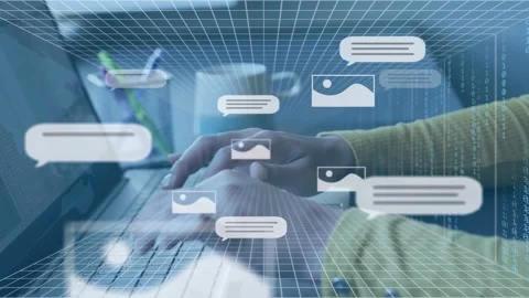 Hands typing at laptop, spawning 3D chat bubbles overlapping hands, grabbing Stock Footage 335316688