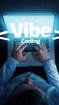 Hands typing on a laptop with the text vibe coding visible on the screen at a Stock Photos