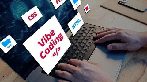 Hands typing on a laptop with vibe coding elements displayed on the screen Stock Photos