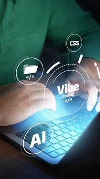 Hands typing on a laptop while coding vibe using AI, CSS, and HTML at a desk in Stock Photos