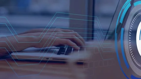 Hands typing on laptop while lock icon sliding in and blue hex lines pulsing, Stock Footage 335739793