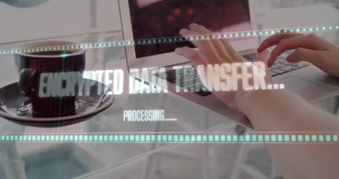Hands typing on laptop while overlay fading in showing encrypted data transfer Stock Footage 318544631