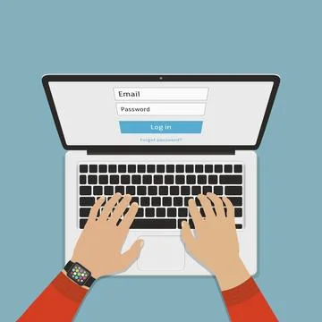 Hands typing login and password on laptop. Flat vector illustration. Stockillustratie