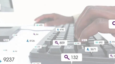 Hands typing sparking search, user and envelope icons showing rising counts Stock Footage 315534543