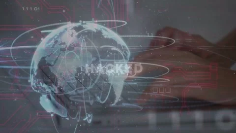 Hands typing starting 3D globe, orbit rings growing and HACKED text rising, Stock Footage 333155188