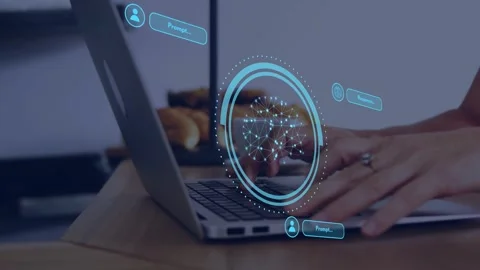 Hands typing starting blue holo ring over keys, prompt and reply bubbles Stock Footage 335731896