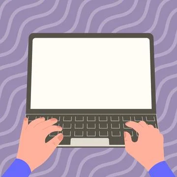 Hands typing text with keyboard. Laptop screen contains important information Illustrazione stock