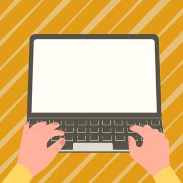 Hands typing text with keyboard. Laptop screen contains important information Illustrazione stock