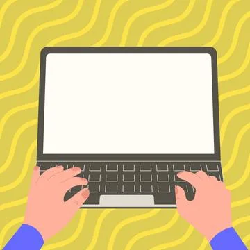 Hands typing text with keyboard. Laptop screen contains important information Illustrazione stock