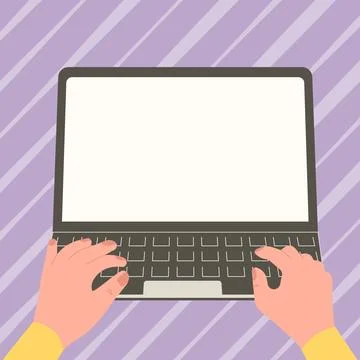 Hands typing text with keyboard. Laptop screen contains important information Illustrazione stock