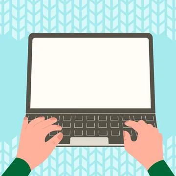 Hands typing text with keyboard. Laptop screen contains important information Illustrazione stock