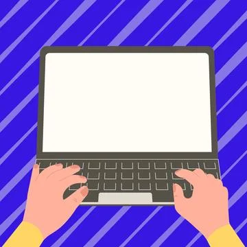 Hands typing text with keyboard. Laptop screen contains important information Illustrazione stock
