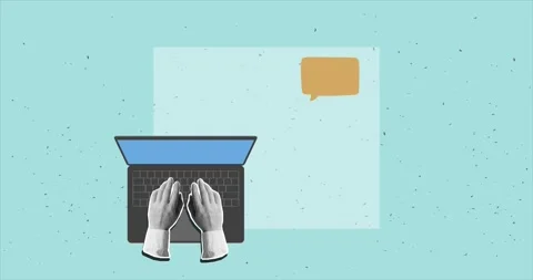 Hands typing text on the keyboard of an open laptop, empty speech bubble Stock Footage 310430737