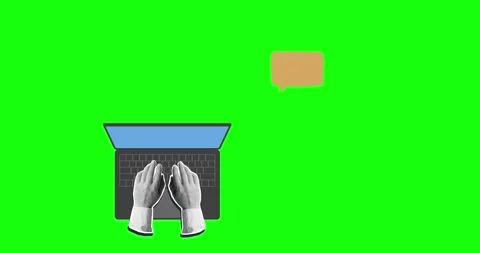 Hands typing text on the keyboard of an open laptop, empty speech bubble Stock Footage 314043905