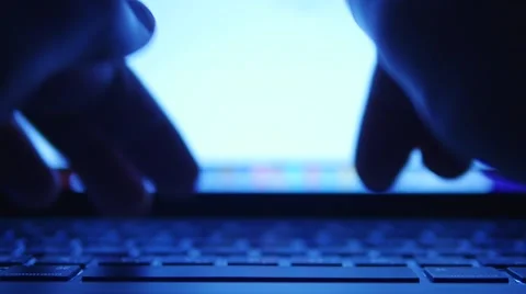 Hands typing text on the laptop keyboard. Night theme Video stock 49329346