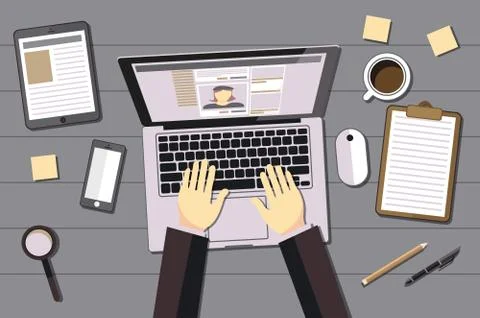 Hands typing text on the laptop keyboard and using social networks for comm.. Stock Illustration